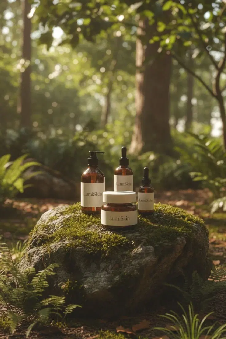 Skincare bottles on a mossy natural surface